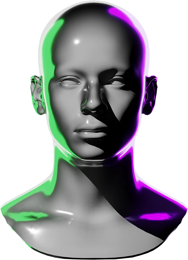Glossy gray 3D-rendered androgynous head and neck bust with green and purple lighting accents on either side.