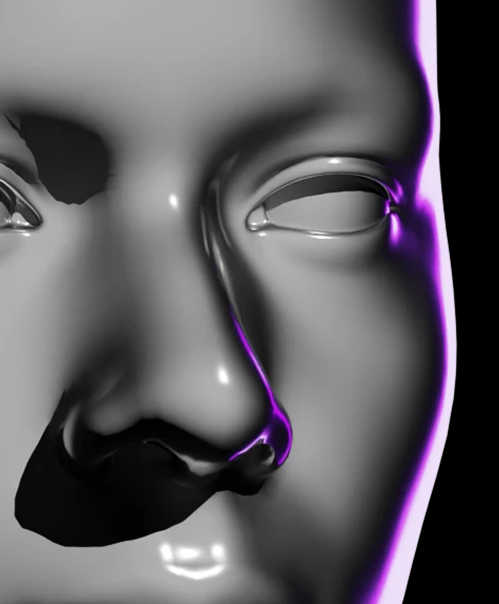 Close-up of 3D-rendered female face with hollow eyes and a purple rim light outline on the right side.