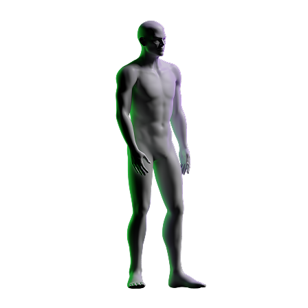 3D-rendered muscular male figure standing with soft purple and green rim lighting.